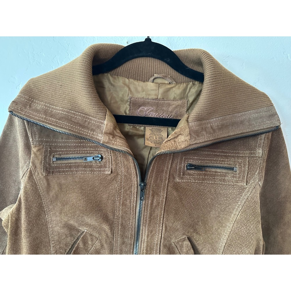 Joujou Brown Suede Leather Bomber Jacket Ribbed Collar Cropped Y2K small/medium - Picture 4 of 16